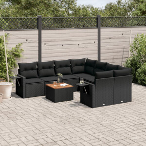 vidaXL 9-delige Loungeset met kussens poly rattan zwart