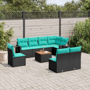 vidaXL 9-delige tuinbankset met kussens van zwart polyrotan