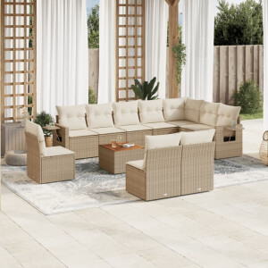 vidaXL 11-delige Tuinset met kussens poly rattan beige