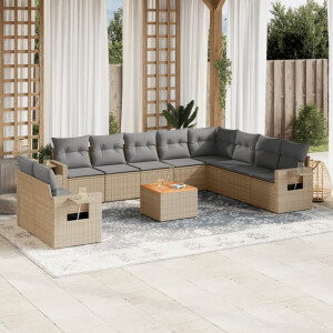 vidaXL 11-delige Tuinset met kussens poly rattan beige