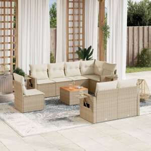 vidaXL 9-delige Loungeset met kussens poly rattan beige