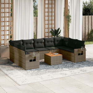 vidaXL 10-delige Loungeset met kussens poly rattan grijs