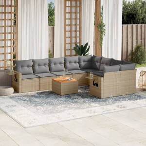 vidaXL 10-delige Loungeset met kussens poly rattan beige