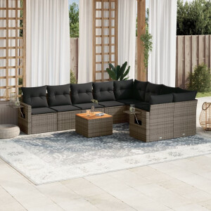 vidaXL 10-delige Loungeset met kussens poly rattan grijs