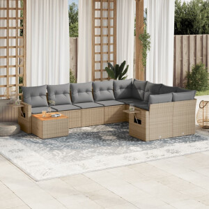 vidaXL 10-delige Loungeset met kussens poly rattan beige