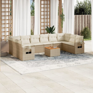 vidaXL 11-delige Tuinset met kussens poly rattan beige