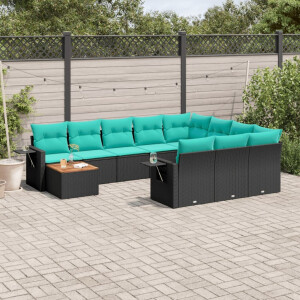 vidaXL 11-delige tuinbankset met kussens, zwart polyrotan