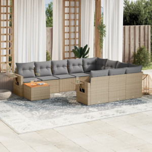 vidaXL 11-delige Tuinset met kussens poly rattan beige