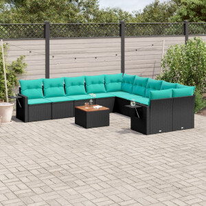 vidaXL 11-delige tuinbankset met kussens, zwart polyrotan