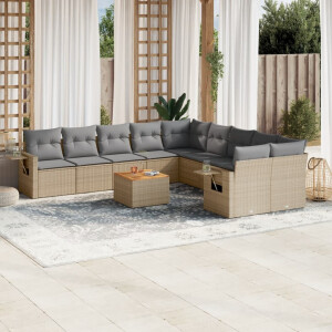 vidaXL 11-delige Tuinset met kussens poly rattan beige