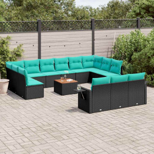 vidaXL 14-delige tuinbankset met kussens van zwart polyrotan