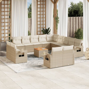 vidaXL 14-delige Loungeset met kussens poly rattan beige