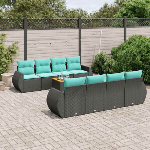 vidaXL 9-delige tuinbankset met kussens van zwart polyrotan
