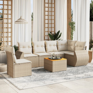vidaXL 7-delige Loungeset met kussens poly rattan beige