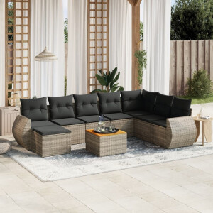 vidaXL 9-delige Loungeset met kussens poly rattan grijs