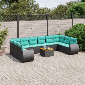 vidaXL 11-delige tuinbankset met kussens, zwart polyrotan