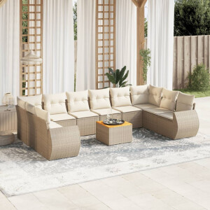 vidaXL 11-delige Tuinset met kussens poly rattan beige