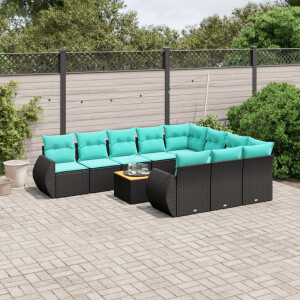 vidaXL 11-delige tuinbankset met kussens, zwart polyrotan