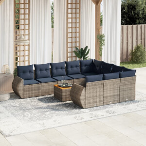 vidaXL 11-delige tuinbankset met kussens, grijs polyrotan