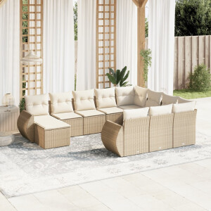vidaXL 11-delige Tuinset met kussens poly rattan beige