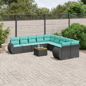 vidaXL 11-delige tuinbankset met kussens, zwart polyrotan