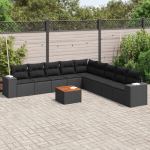 vidaXL 10-delige Loungeset met kussens poly rattan zwart