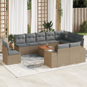 vidaXL 11-delige Tuinset met kussens poly rattan beige