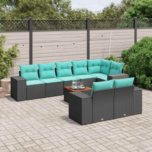 vidaXL 9-delige tuinbankset met kussens van zwart polyrotan