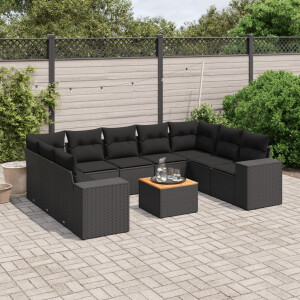 vidaXL 10-delige Loungeset met kussens poly rattan zwart