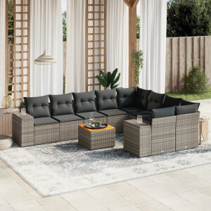 vidaXL 10-delige Loungeset met kussens poly rattan grijs