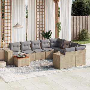 vidaXL 10-delige Loungeset met kussens poly rattan beige