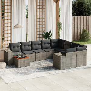 vidaXL 10-delige Loungeset met kussens poly rattan grijs