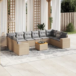 vidaXL 11-delige Tuinset met kussens poly rattan beige