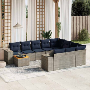 vidaXL 11-delige tuinbankset met kussens, grijs polyrotan