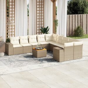 vidaXL 11-delige Tuinset met kussens poly rattan beige