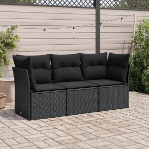 vidaXL 3-delige Loungeset met kussens poly rattan zwart