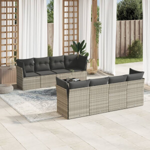 vidaXL 9-delige Loungeset met kussens poly rattan lichtgrijs