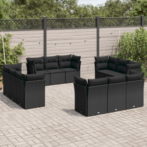 vidaXL 12-delige Loungeset met kussens poly rattan zwart