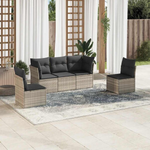 vidaXL 5-delige Loungeset met kussens poly rattan lichtgrijs