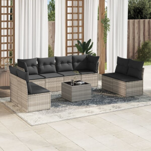 vidaXL 9-delige Loungeset met kussens poly rattan lichtgrijs