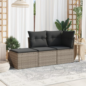 vidaXL 3-delige Loungeset met kussens poly rattan grijs