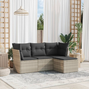 vidaXL 4-delige Loungeset met kussens poly rattan lichtgrijs