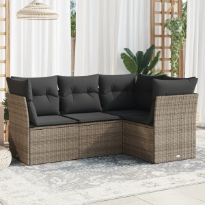 vidaXL 4-delige Loungeset met kussens poly rattan grijs