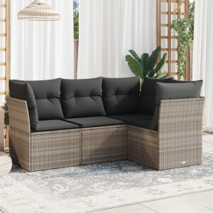 vidaXL 4-delige Loungeset met kussens poly rattan lichtgrijs