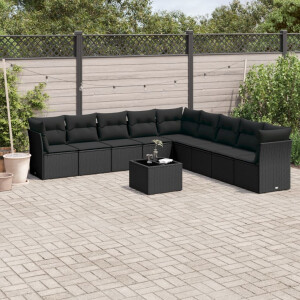 vidaXL 10-delige Loungeset met kussens poly rattan zwart