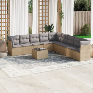 vidaXL 10-delige Loungeset met kussens poly rattan beige