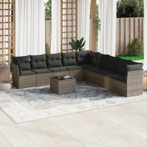 vidaXL 10-delige Loungeset met kussens poly rattan grijs
