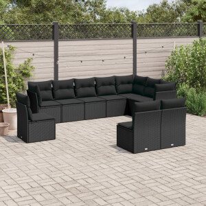 vidaXL 10-delige Loungeset met kussens poly rattan zwart