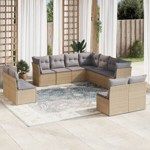 vidaXL 11-delige Tuinset met kussens poly rattan beige