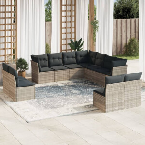 vidaXL 11-delige Loungeset met kussens poly rattan lichtgrijs